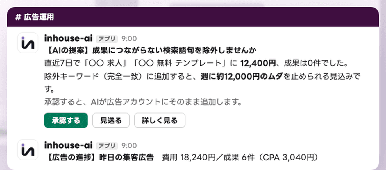 毎朝届く提案と広告の進捗